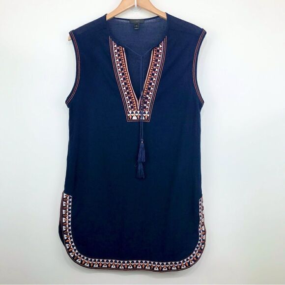 J. Crew Navy Blue Tribal Trim Mini Tunic Beach Dress - Picture 1 of 13